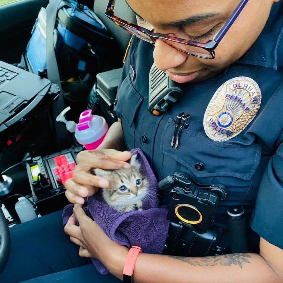 Policiais resgatam uma gatinha vira policial